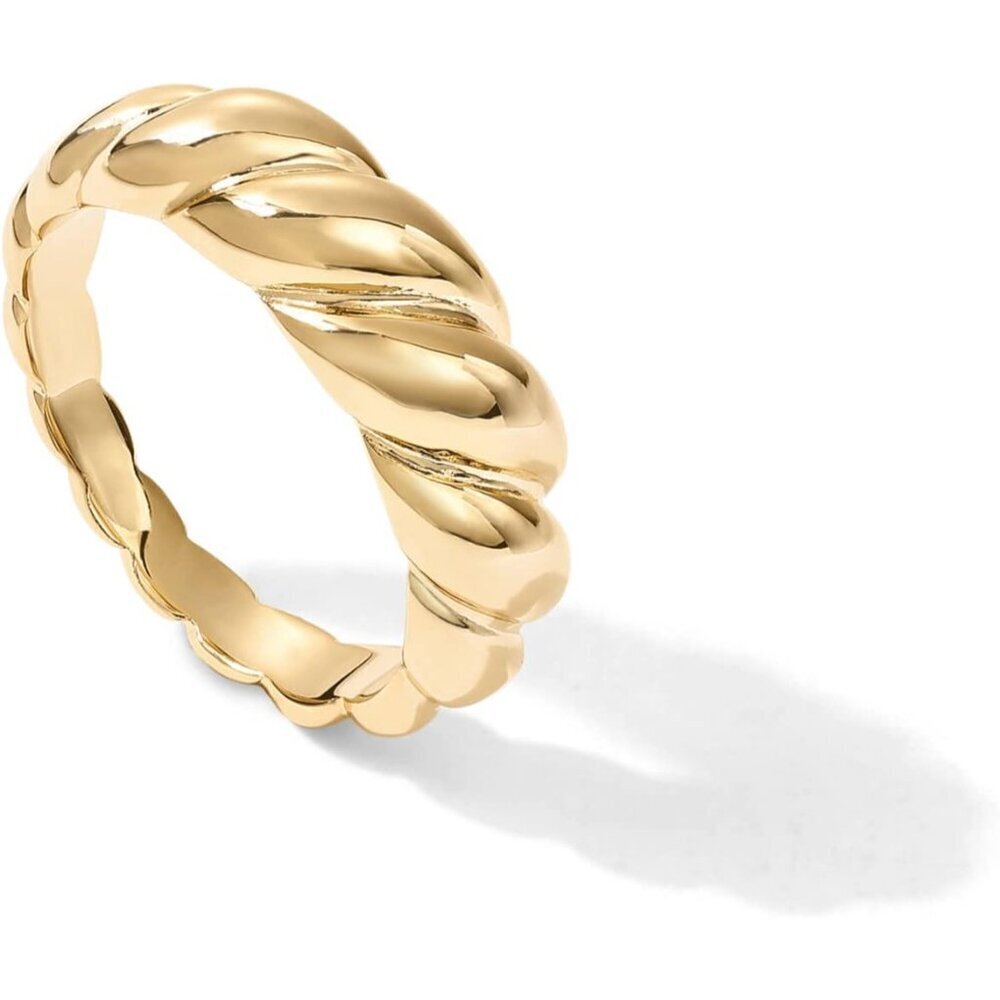 14K Gold Plated Croissant Dome Ring Women Stackable Twisted Braided Jewelry